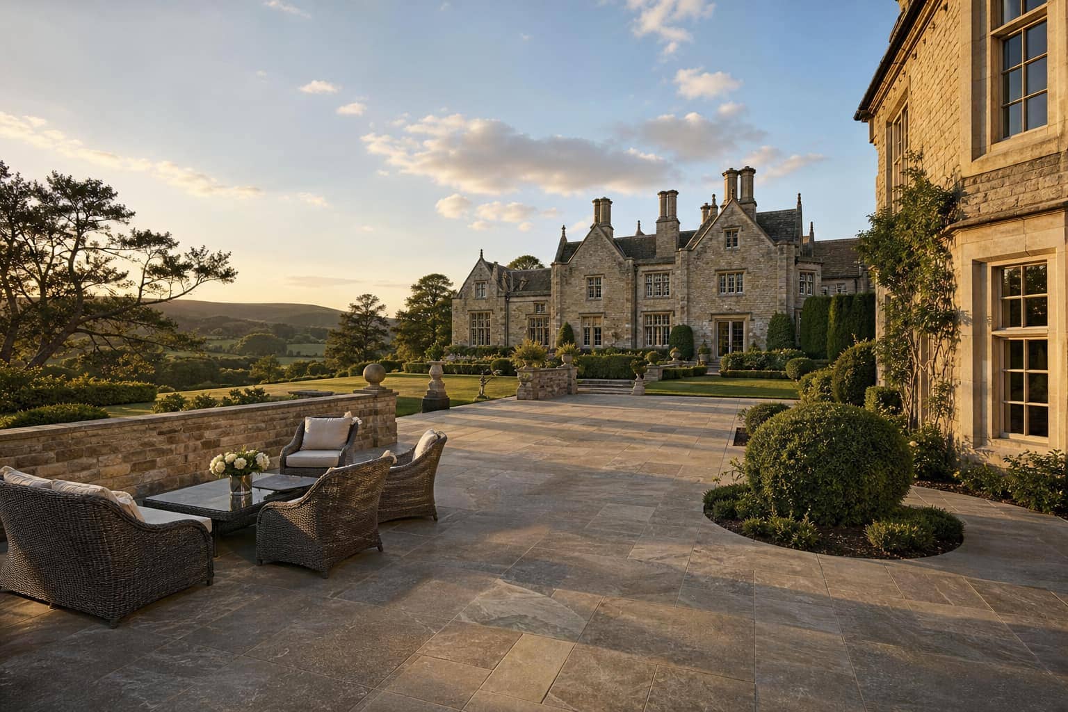 Stone-tiled terrace at a private country house