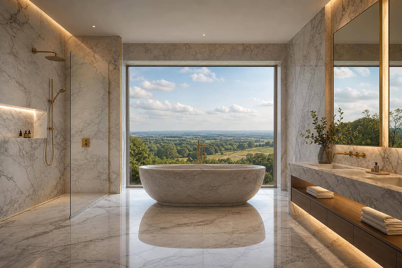 Marble wall and floor tiling in a private bathroom